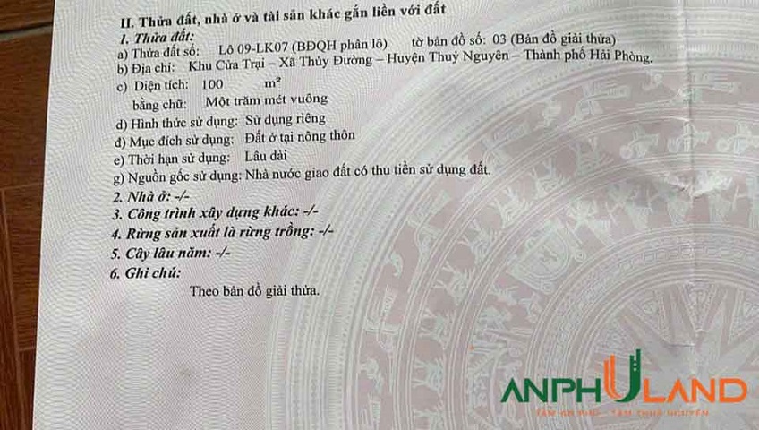 Bán tuyến 2 úp lưng mặt đường Máng Nước, Phường Thủy Nguyên (xã Thủy Đường), TP Hải Phòng