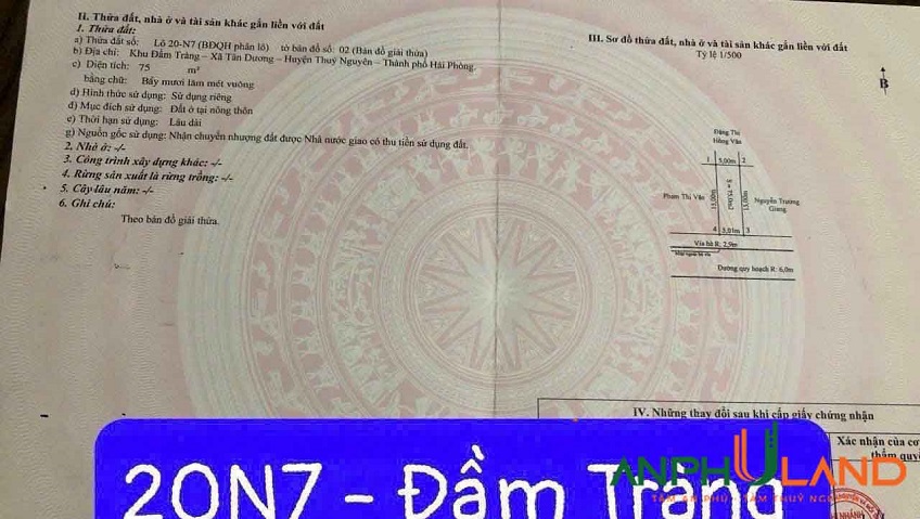 Chuyển nhượng lô đất tại Đầm Tràng, Phường Thủy Nguyên (xã Tân Dương), TP Hải Phòng