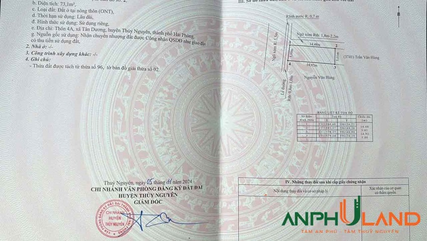  Bán lô đất mặt đường liên thôn TDP 4A, Phường Thủy Nguyên (xã Tân Dương), TP Hải Phòng