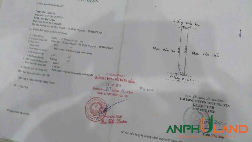 Bán đất trung tâm diện tích rộng Phường Lê Ích Mộc (xã Hợp Thành), TP Hải Phòng