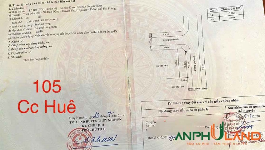 Chào bán lô góc 105 chung cư Huê, Phường Thủy Nguyên (xã Hoa Động), TP Hải Phòng