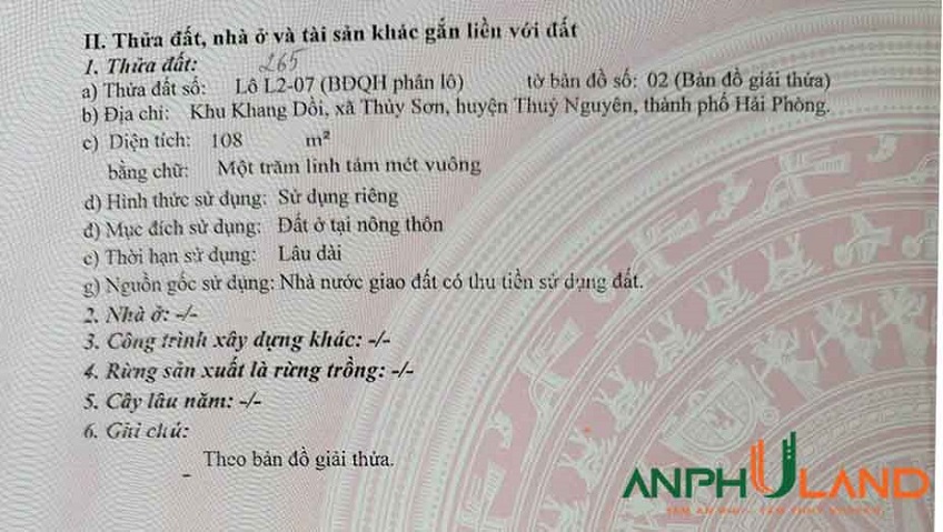 Bán lô đất đấu giá Khang Dồi, Phường Thủy Nguyên ( xã Thủy Sơn), TP Hải Phòng