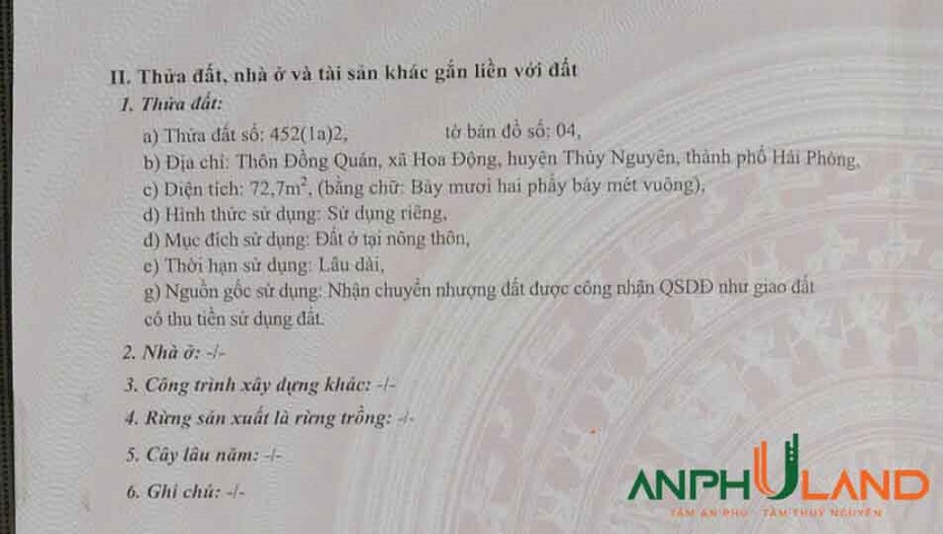 Cần bán cắt lỗ 72.7 m2 tại phường Thủy Nguyên (xã Hoa Động), TP Hải Phòng