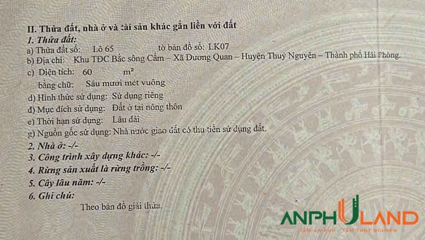 Cần bán lô đất rẻ nhất TĐC Áp Tràn, Phường Thủy Nguyên (xã Dương Quan), TP Hải Phòng