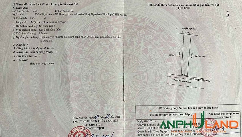 Cần bán lô đất TDP Tây Giữa, Phường Thủy Nguyên (xã Dương Quan), TP Hải Phòng