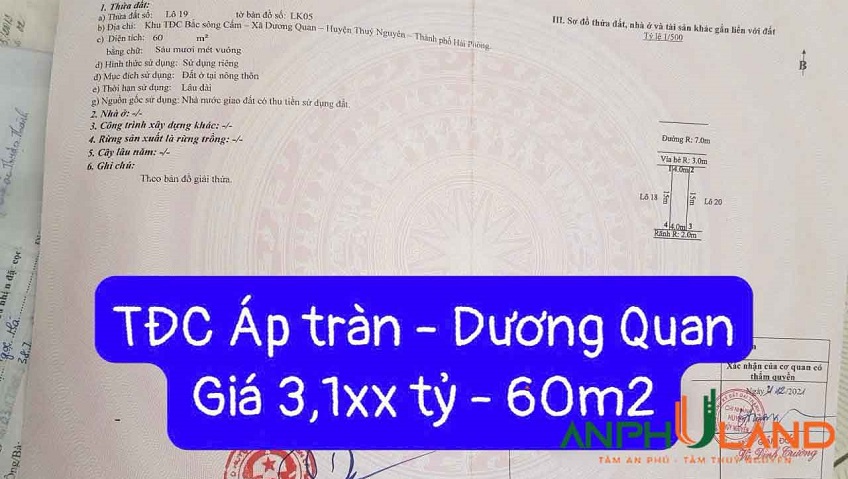 Chuyển nhượng lô đất rẻ nhất TĐC Áp Tràn, Phường Thủy Nguyên, TP Hải Phòng