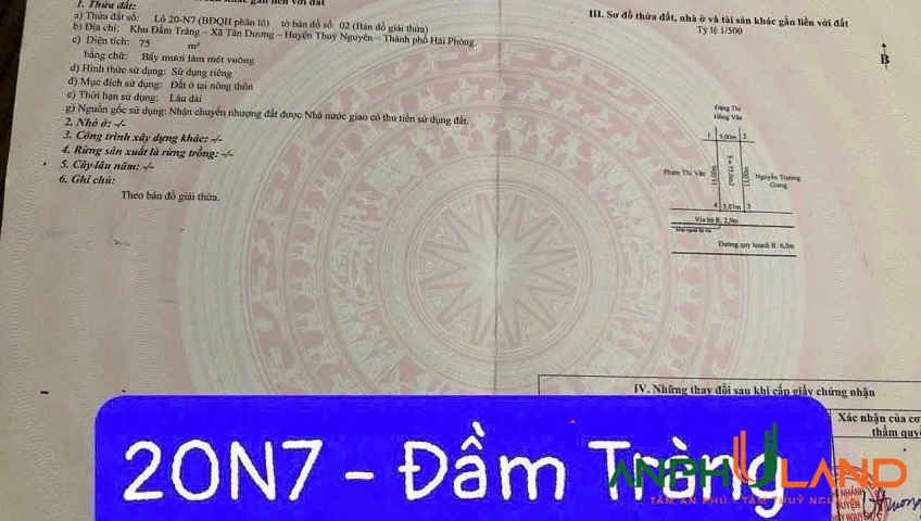 Bán lô đất đối diện dự án Doji tại TDP Đầm Tràng, Phường Thủy Nguyên (xã Tân Dương), TP Hải Phòng