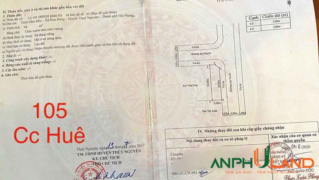 Chào bán lô góc 105 Chung cư Huê, Phường Thủy Nguyên (xã Hoa Động), TP Hải Phòng
