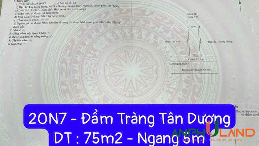 Cần bán lô đất TDP Đầm Tràng, Phường Thủy Nguyên (xã Tân Dương), TP Hải Phòng