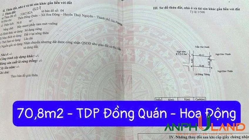Bán lô đất 70,8m² tại TDP Đồng Quán, phường Thuỷ Nguyên (Hoa Động), TP Hải Phòng