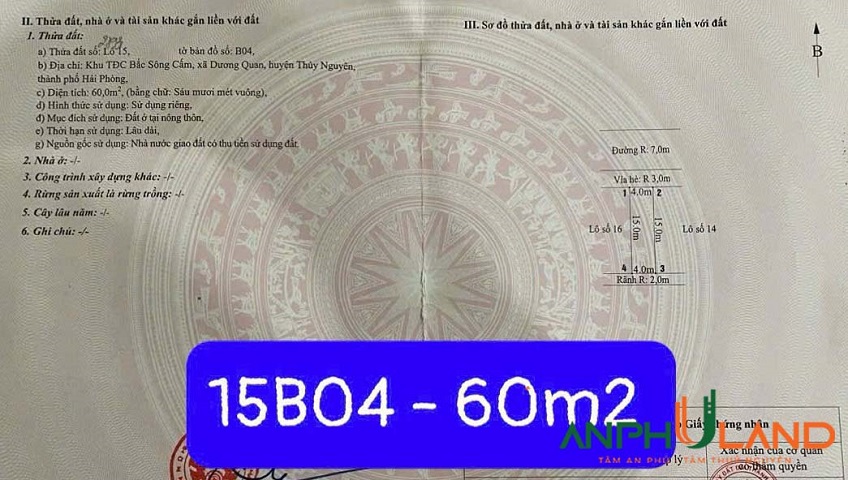 Bán lô đất TĐC Khu B Bắc Sông Cấm, phường Thuỷ Nguyên, TP Hải Phòng
