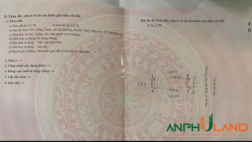 Cần bán lô đất TĐC Đống Trịnh, Phường Thủy Nguyên (xã Tân Dương), TP Hải Phòng