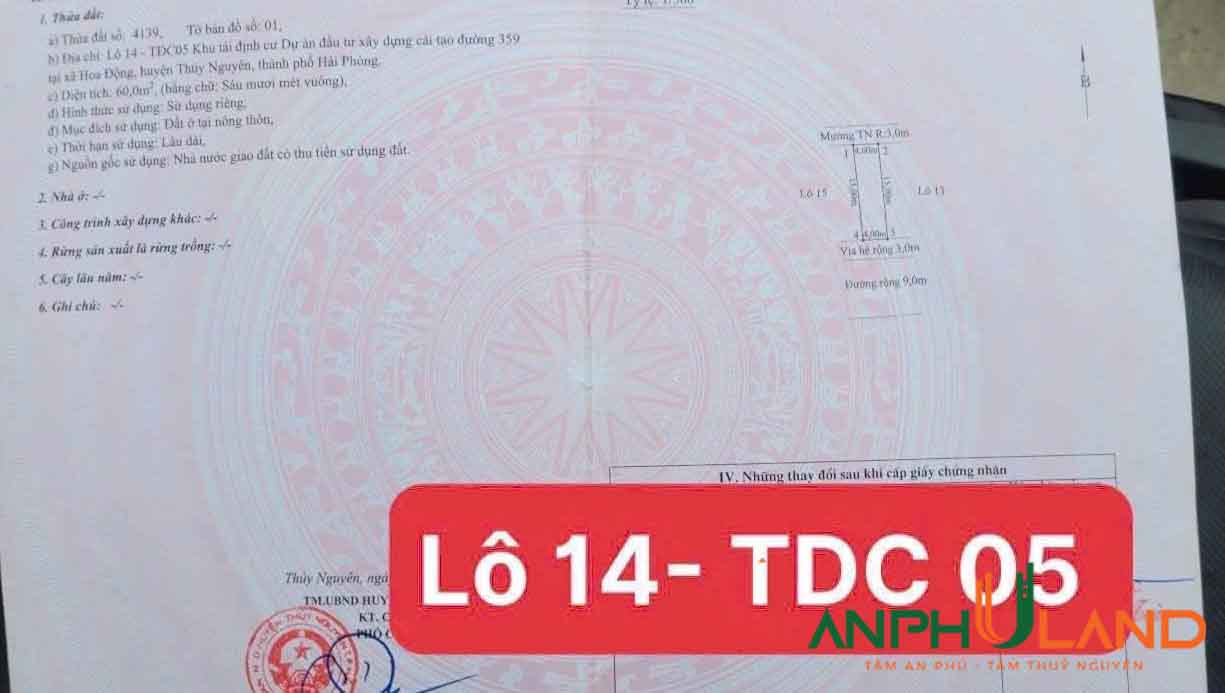 Bán lô đất hàng đẹp lô 14 TĐC 05 Phường Thủy Nguyên (xã Hoa Động), TP Hải Phòng