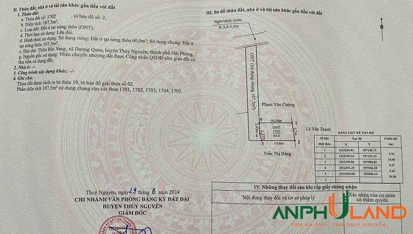 Chuyển nhượng lô đất tại TDP Bấc Vang, Phường Thủy Nguyên (xã Dương Quan), TP Hải Phòng