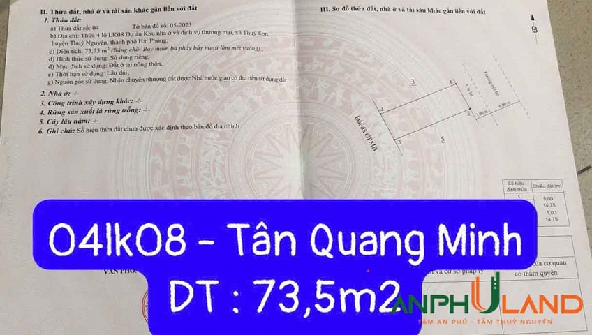 Cần bán lô đất hàng hiếm LK 08 KĐT Tân Quang Minh, Phường Thủy Nguyên, TP Hải Phòng