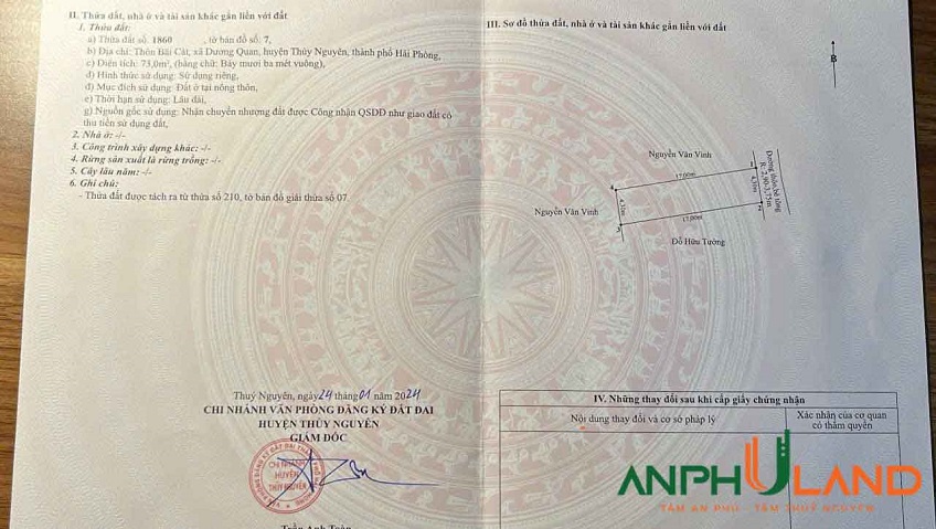 Cần bán lô đất tại Phường Thủy Nguyên (xã Dương Quan), TP Hải Phòng