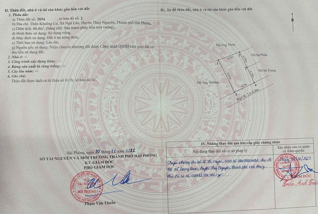 Chủ gửi bán lô đất tại TDP Khuông Lư, phường Bạch Đằng (Ngũ Lão), TP Hải Phòng