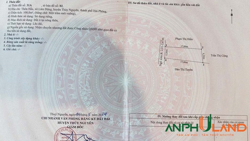 Chính chủ gửi bán lô đất TDP Hầu, phường Thiên Hương (Lâm Động), TP Hải Phòng
