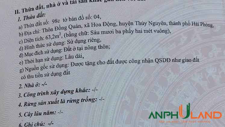 Chủ cần tiền cắt lỗ, cơ hội mua đất đẹp tại phường Thủy Nguyên (xã Hoa Động), TP Hải Phòng
