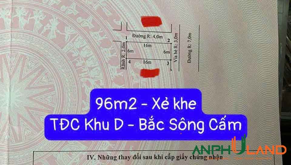 Cần bán nhanh lô 96 m2 xẻ khe TĐC khu D Bắc Sông Cấm, Phường Thủy Nguyên, TP Hải Phòng