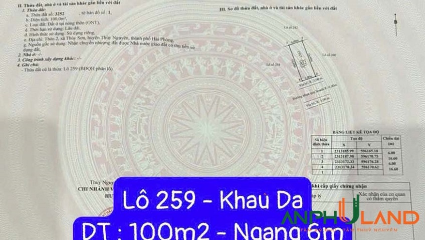 Chào bán lô 259 khu Khau Da, phường Thuỷ Nguyên, TP Hải Phòng