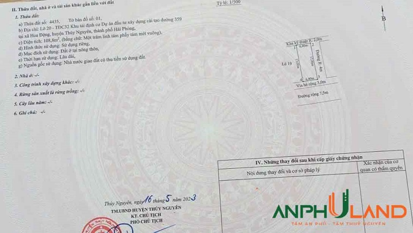 Chính chủ chào bán lô xẻ khe đẹp tại khu TĐC Phường Thủy Nguyên (xã Hoa Động), TP Hải Phòng