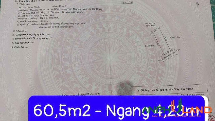  Bán lô đất đẹp 60.5 m2 TDP Đường Đá, Phường Thủy Nguyên (xã Hoa Động), TP Hải Phòng