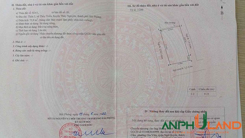 Cần bán 75.9m2 đất tại TDP 5, Phường Hòa Bình (xã Thủy Triều), TP Hải Phòng