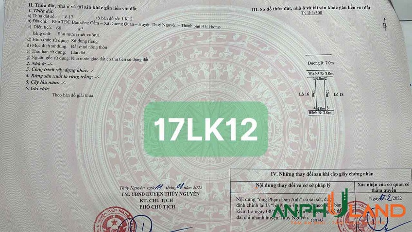 Cần bán lô đất giá sốc tại TĐC Áp Tràn, Phường Thủy Nguyên (xã Dương Quan), TP Hải Phòng