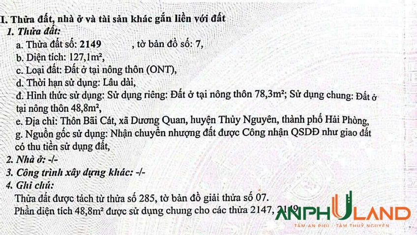 Bán lô đất tiềm năng tại phường Thuỷ Nguyên (Dương Quan), TP Hải Phòng