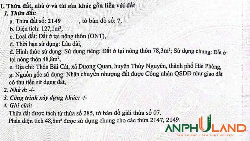Cần bán lô đất TDP Bãi Cát, Phường Thủy Nguyên (xã Dương Quan), TP Hải Phòng
